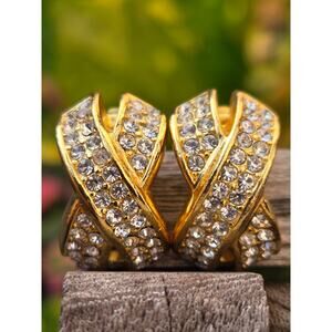 Vintage CHRISTIAN DIOR Criss Cross Crystal Rhinestone Gold Tone Clip Earrings